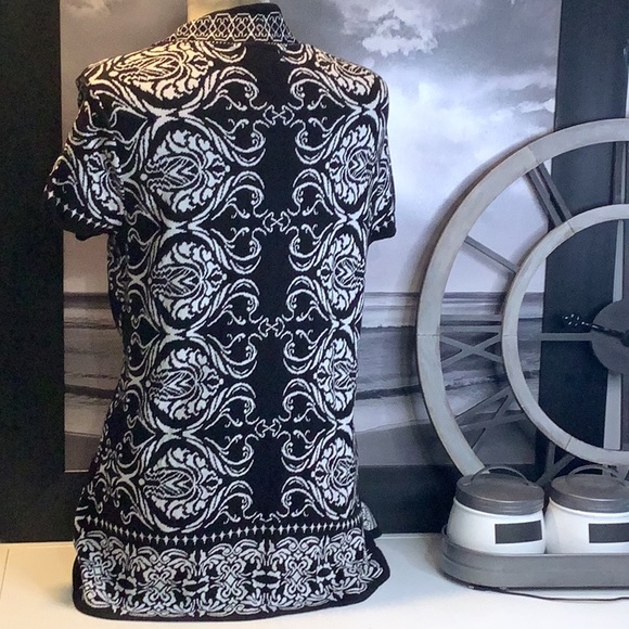 Style & Co Black White Damask Pattern Short Sleeve Sweater Cardigan Vest Sz L - Picture 5 of 11